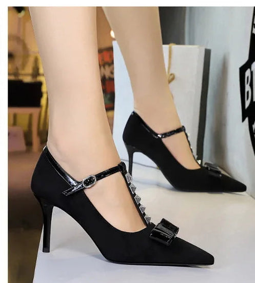 Banquet Bow Rivet T-button Pointed Head High Heel Women's Single Shoes