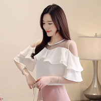 Loose Women's Chiffon Shirt round Neck Pure Color Mesh Five Sleeve Transparent Top Fashionable Small Shirt