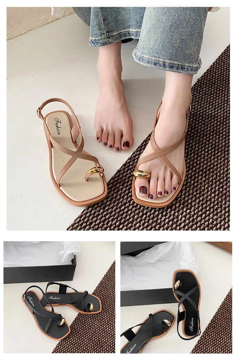 Women's Roman Style Toe-Over Sandals Flat Bottom Outdoor Wear Crossbody PVC Material Anti-Slip Low Heel Footwear