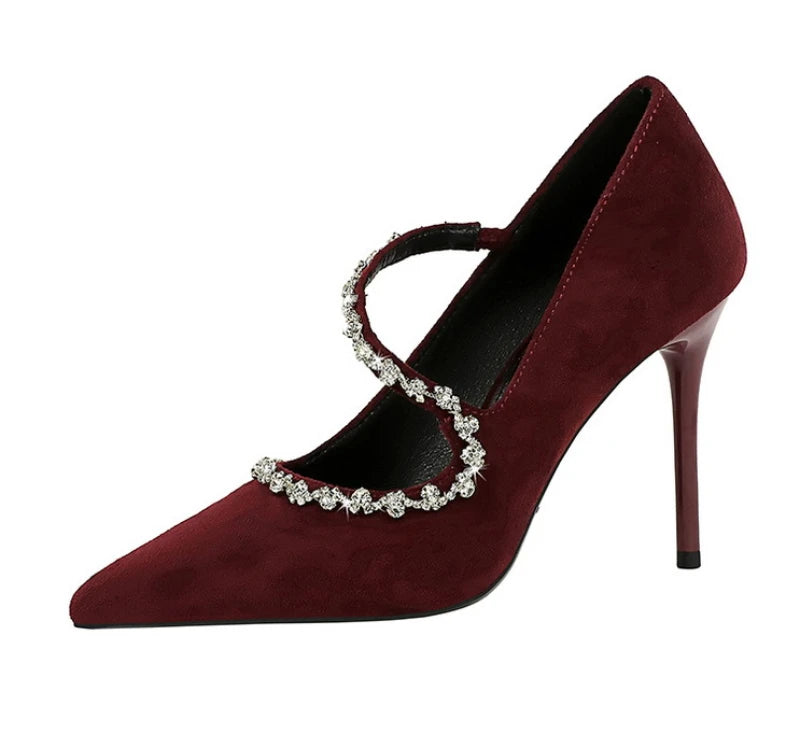 Banquet Pointed Toe High Heels Diamond Chain One-Strip Thin Heel Super High Heels Light Mouth Elegant Lace-Up