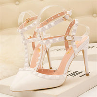 Summer Women 10cm Super High Heels Sandals Rivets Studded Stripper Valentine Strap Heels  Wedding Luxury Shoes