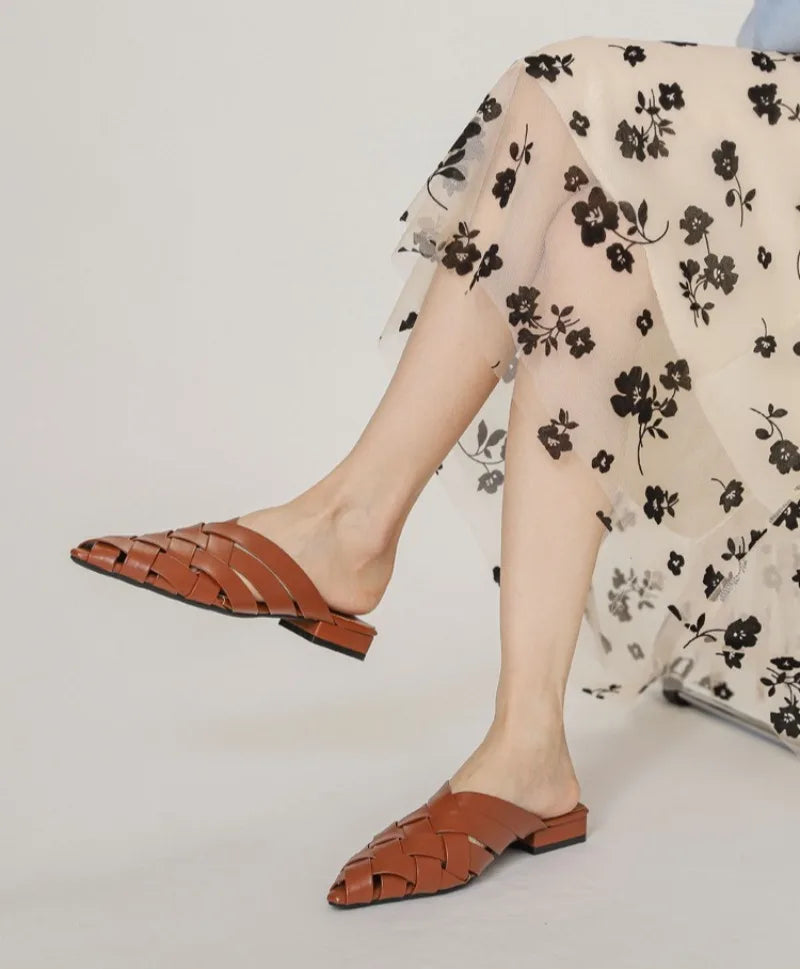 Hollow Woven Pointed Cool Slippers Women's Summer Thick Heel Outer Wear Bag Head Half Slippers Women Sandals