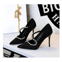 Banquet Pointed Toe High Heels Diamond Chain One-Strip Thin Heel Super High Heels Light Mouth Elegant Lace-Up
