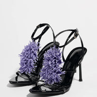 Ladies High Heel Sandals with 3D Fluffy Flower Decorations round Toe Thin Heel Spring Summer Night Club Fashionable Party Shoes