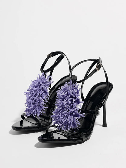 Ladies High Heel Sandals with 3D Fluffy Flower Decorations round Toe Thin Heel Spring Summer Night Club Fashionable Party Shoes Natalia Home Fashion    Natalia Home Fashion