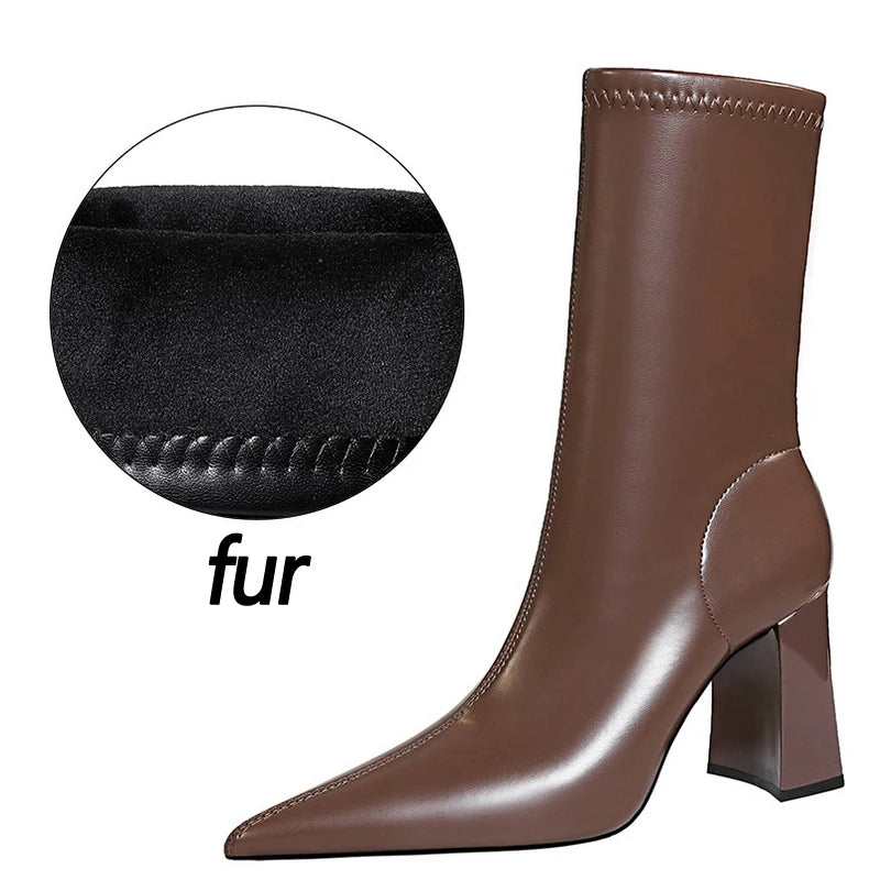 Mid-Calf Boots Chunky Block Heels Women Boots Pointed High-Heeled Boots Lady Pu Leather Boots Autumn Winter Shoes