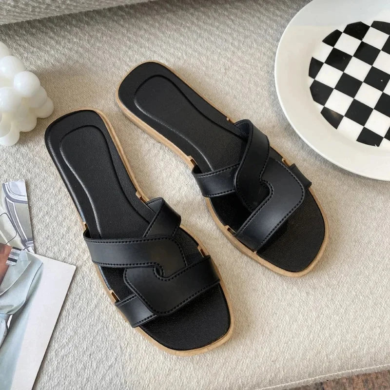 Women's Flat Beach Slippers Cross Band Fashionable Outdoor Wear PVC Home Slippers Macaron Color Sandals Comfortable - Natalia Home Fashion