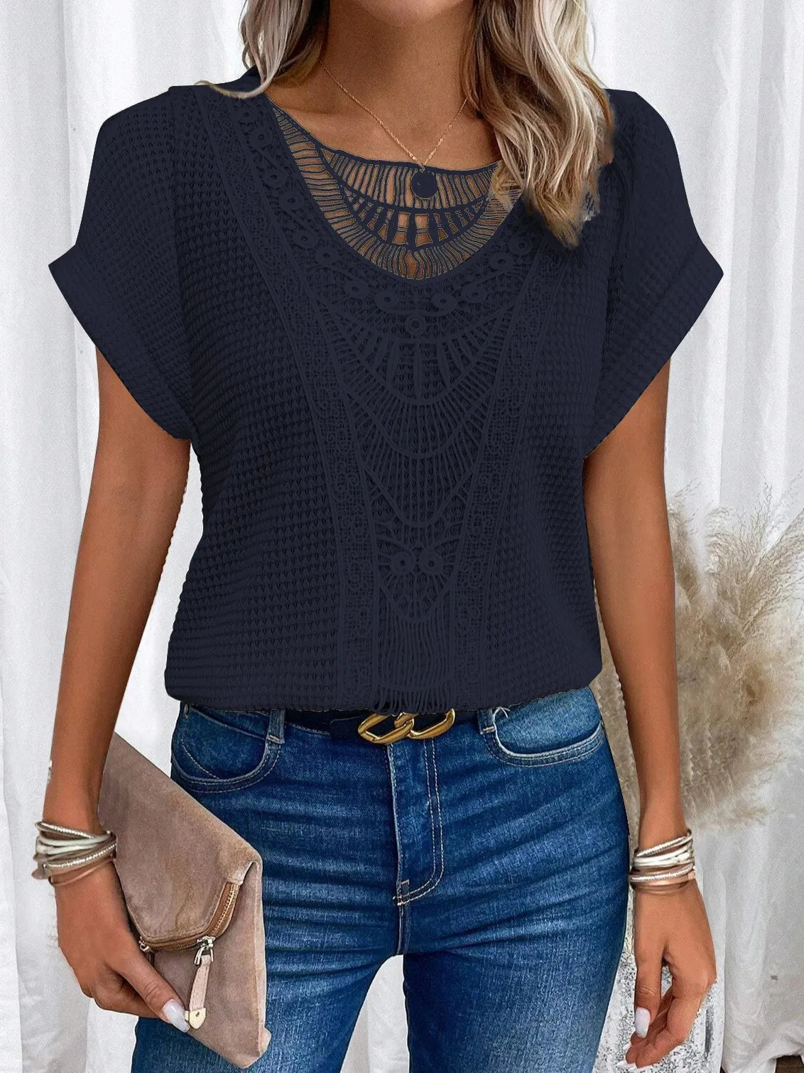 T shirt women 2026 fashion Spring Summer New lace patchwork short-sleeved T-shirt solid color tshirt women's clothing Natalia Home Fashion    Natalia Home Fashion
