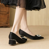 Soft Leather Black Pointed Toe Work Shoes Spring Autumn New Style Comfortable Thick Heel Professional Soft Bottom Shoes