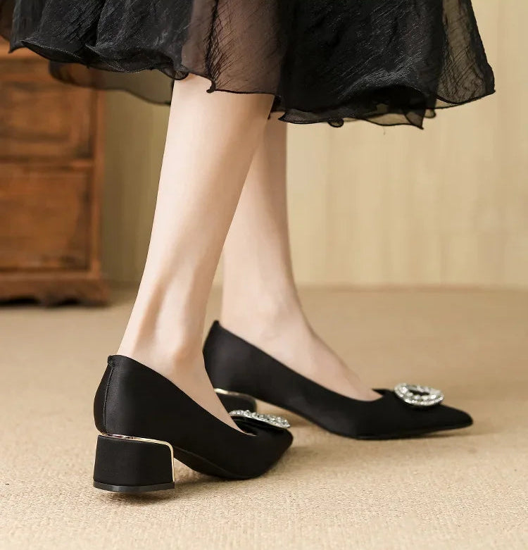 Soft Leather Black Pointed Toe Work Shoes Spring Autumn New Style Comfortable Thick Heel Professional Soft Bottom Shoes