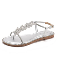 Single-strap rhinestone bow flat sandals, new summer fashion, simple and stylish, suitable for outdoor wear, Roman beach shoes