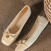 Woman Bowknot Square Toe Lolita Kawaii Lady Barefoot Boat Flats Metal Elegant Ballerina Party Mary Jane Shoes