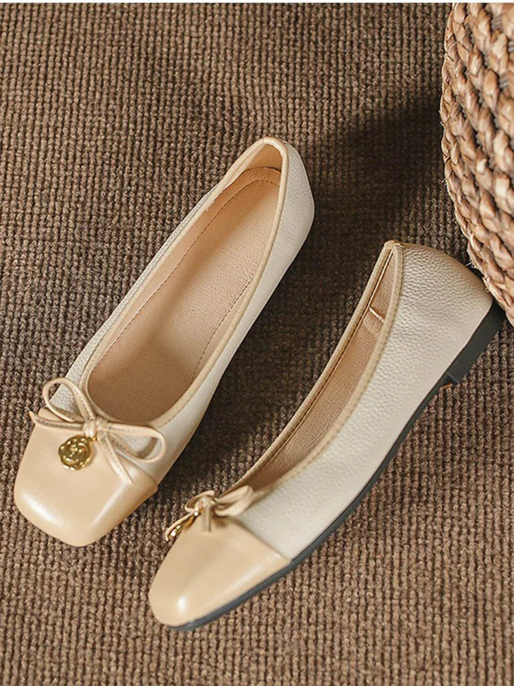 Woman Bowknot Square Toe Lolita Kawaii Lady Barefoot Boat Flats Metal Elegant Ballerina Party Mary Jane Shoes