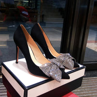 Black high-heeled shoes for women slim heel, pointed rhinestone, shallow bow, mid length single order shoes