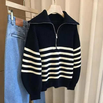Autumn Winter Ladies Striped Knit Sweater Half Zipper Wide Lapel Collar Loose Long Sleeve Pullover For Casual Daily Going Out Natalia Home Fashion    Natalia Home Fashion