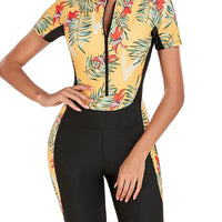 Swimwear Women O Neck Half Zipper Beachwear Printed Spliced Bathing Suit Short Sleeve Bodysuit Summer