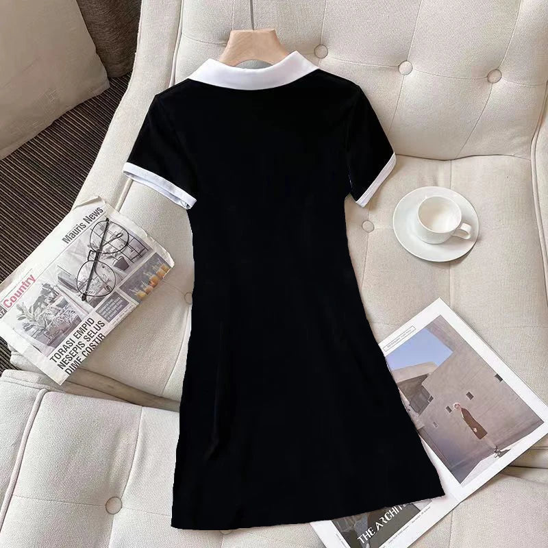 Women Polo Collar Dress Elegant Color block Short Sleeve Bodycon Midi Dress Casual Slim Fit T Shirt Dresses for Women