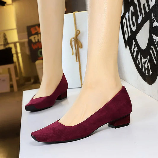 Women Fashion Style Quality Square Toe Low Heel Pumps Lady Prom Suede Shallow Mouth Thick High OL Single Shoes