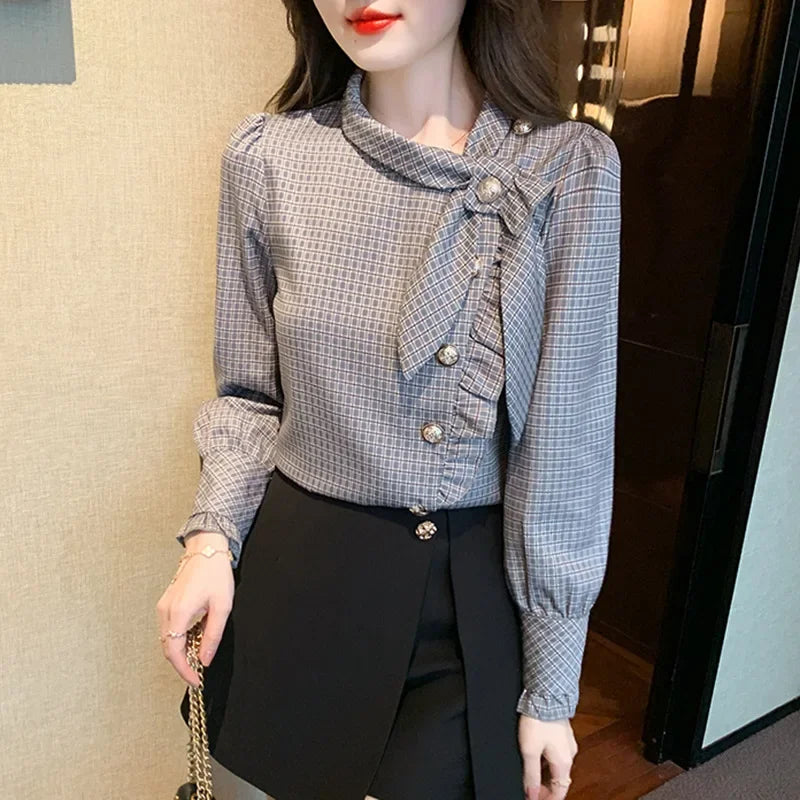 Elegant Plaid Long Sleeve Women's Shirt Vintage Design Simple Style Ageless Fashionable Top Quality Material