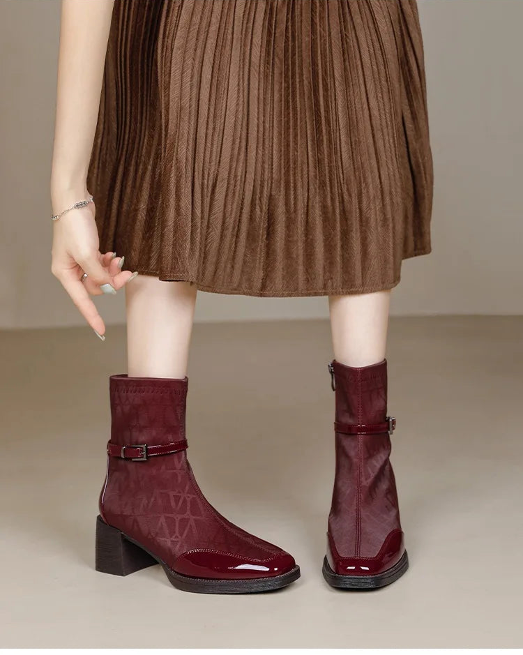 Women's Side Zipper Boot High Heel Short Boot Winter Mid-Calf Boot Chinese Style National Wedding Boot