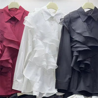 Advanced Style Shirt With Women's Fashion Ruffle Edge Splicing Design Single Breasted Long Sleeved Shirt Women's Loose And Versa