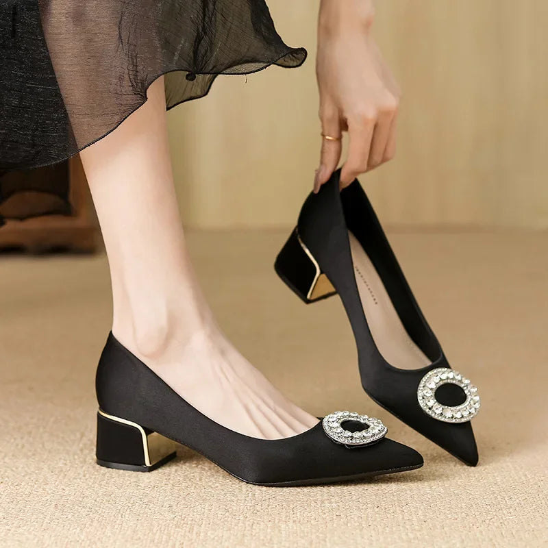 Soft Leather Black Pointed Toe Work Shoes Spring Autumn New Style Comfortable Thick Heel Professional Soft Bottom Shoes