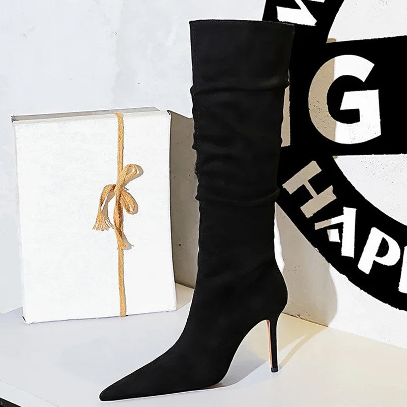 Fashion Pleated Pointed toe Knee-High Boots Thin Heels Women Ladies Shoes