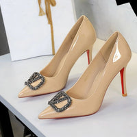 Banquet Pointed High Heels, Shallow Metal Rhinestone Thin Heel Patent Leather High Heels