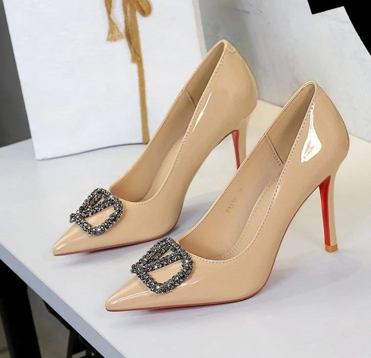 Banquet Pointed High Heels, Shallow Metal Rhinestone Thin Heel Patent Leather High Heels