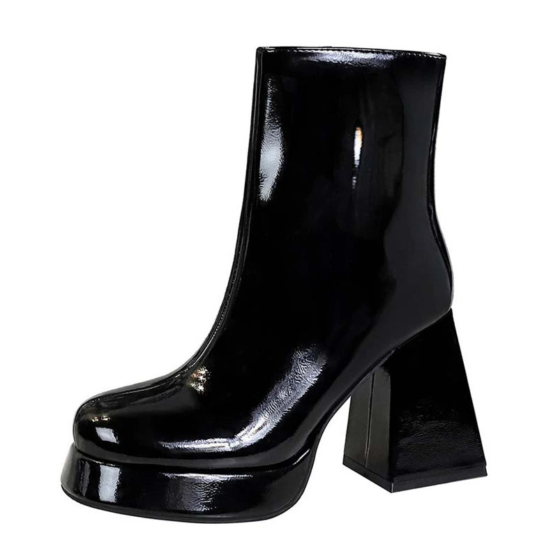 Patent Leather Round Toe Ankle Boots Women Designer Platform Heel Pole Dancing Shoes