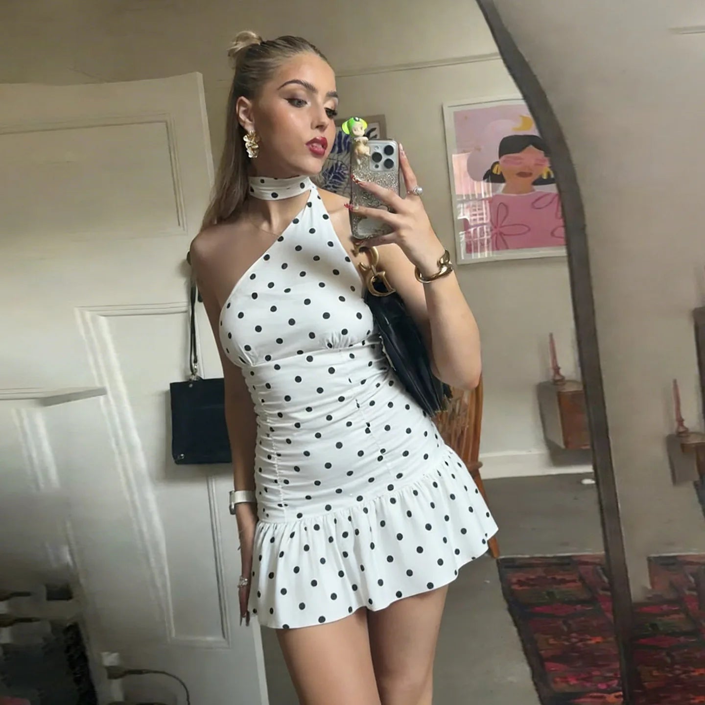 Women's Sexy Polka Dot Print One Shoulder Ruched Waist Bodycon A Line Mini Dress Natalia Home Fashion    Natalia Home Fashion
