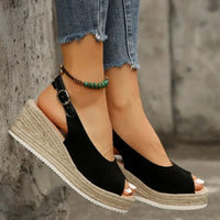 Women's Platform Sandals Summer New Large Size Fish Mouth Slope Heel Stones Pattern Shoes Thick Bottom Clog Casual Slip-On