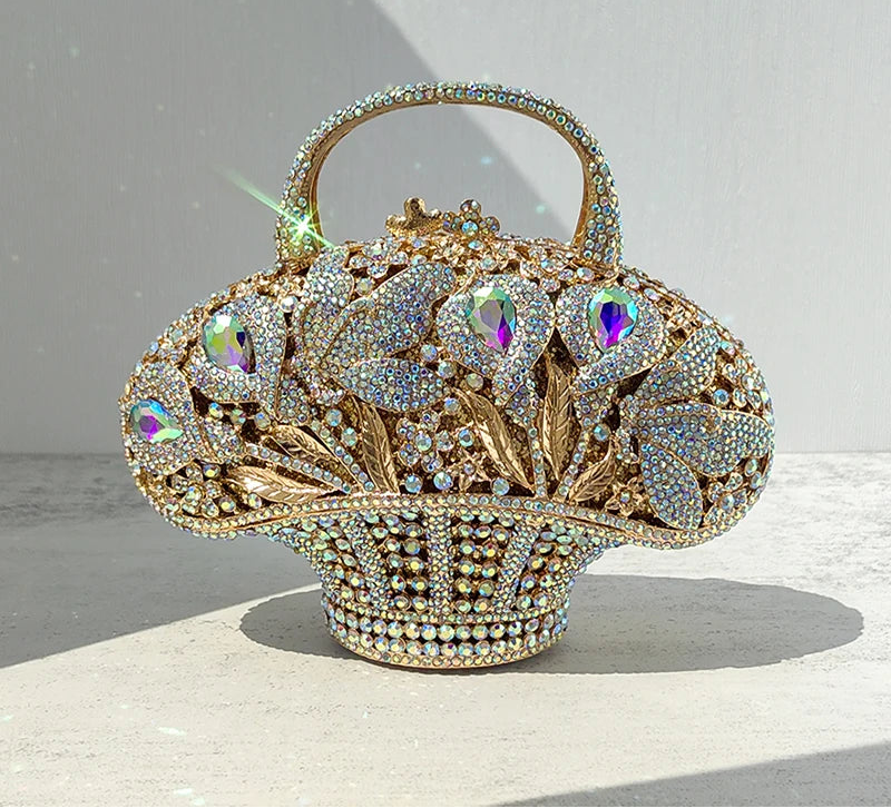 Flower Basket Crystal Evening Bags Women Luxury Designer Elegant Bling Rhinestone Metallic Clutch Purses Wedding Party