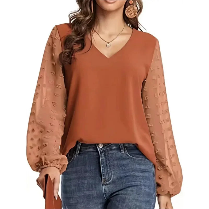 Nice Women Spring Summer Style Blouses Shirts Lady Casual V-Neck Long Lantern Sleeve Solid Color Blouse Tops Natalia Home Fashion    Natalia Home Fashion