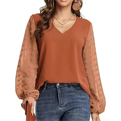 Nice Women Spring Summer Style Blouses Shirts Lady Casual V-Neck Long Lantern Sleeve Solid Color Blouse Tops Natalia Home Fashion    Natalia Home Fashion