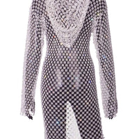 Sexy see through Rhinestone summer dress woman Fishnet club birthday mini dress long sleeve short dresses