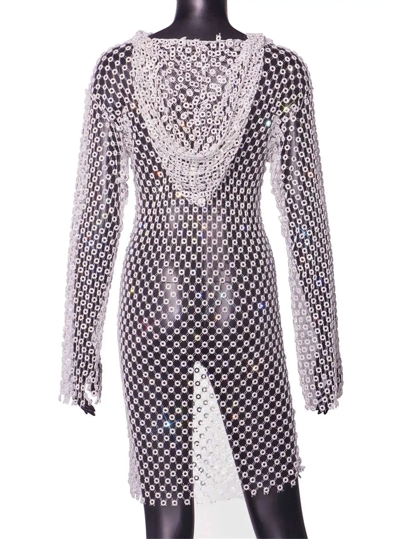 Sexy see through Rhinestone summer dress woman Fishnet club birthday mini dress long sleeve short dresses