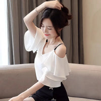 Women's Fashion Suspender V-neck Chiffon Short-sleeved Shirt Elegant Ruffle Edge Decorative Casual Shoulder Blouse