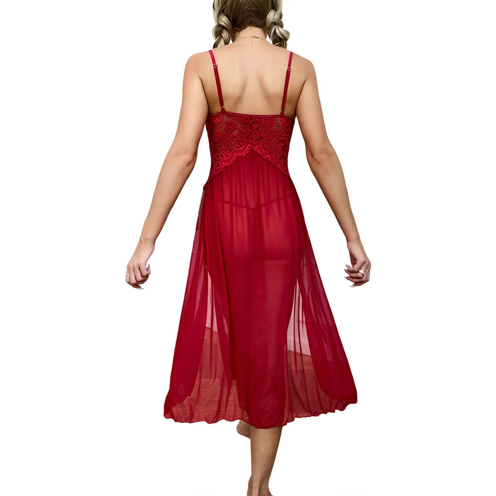 Sexy Lace Solid Women Sleepwear Underwear Mesh Lingerie Deep V Side Slit Sleeveless Female Fashion Robe Dress Nightwear