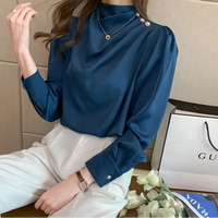 BGTEEVER Stylish Long Sleeve Women Satin Blouses Elegant Loose O-neck Buttons Ladies Pullovers Shirts Tops Spring OL Blusas Natalia Home Fashion    Natalia Home Fashion