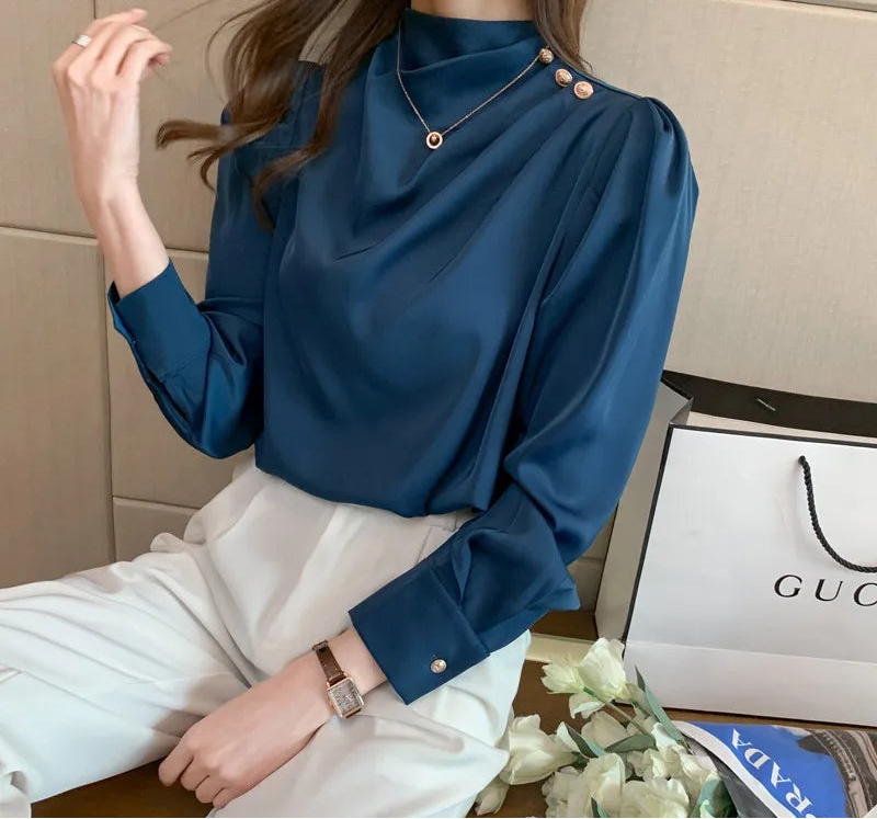 BGTEEVER Stylish Long Sleeve Women Satin Blouses Elegant Loose O-neck Buttons Ladies Pullovers Shirts Tops Spring OL Blusas Natalia Home Fashion    Natalia Home Fashion