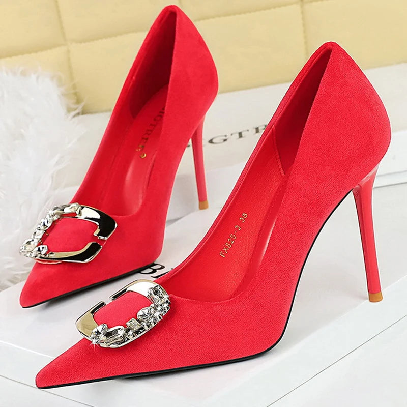 Metal Rhinestone Belt Buckle Women Pumps Suede High Heels Luxury Banquet Shoes Sexy Party Shoes Women Stilettos - Natalia Home Fashion