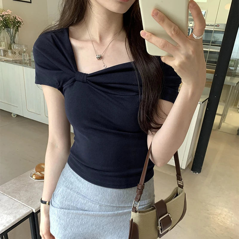 Summer Off Shoulder Bow Short Sleeve T-Shirt Women Stylish Ruched Slash Neck Cropped Tops Daily All-Match Solid Slimming Blouses Natalia Home Fashion    Natalia Home Fashion