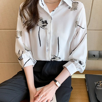 Women's Blouse Long Sleeve Rose Printed Fashionable Chiffon Shirt Long Sleeve Top