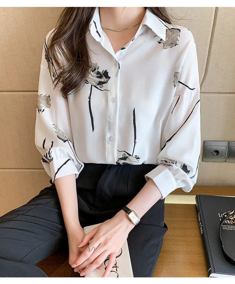 Women's Blouse Long Sleeve Rose Printed Fashionable Chiffon Shirt Long Sleeve Top