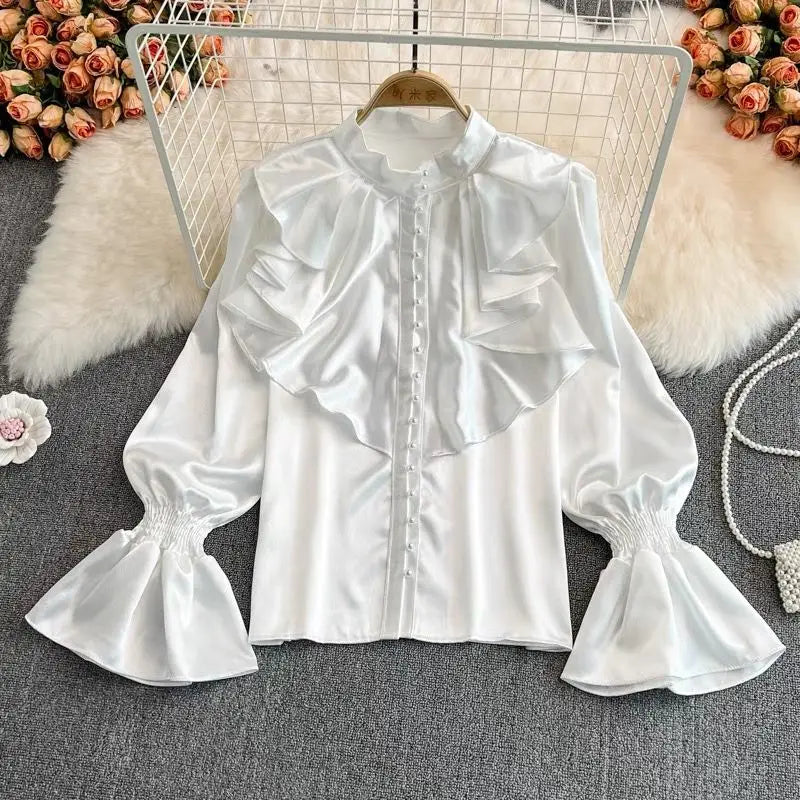 Luxury Ruffle Flared Sleeves Blouse Shirts Women  Retro Blouse Stand Collar French Design Chic Loose Top