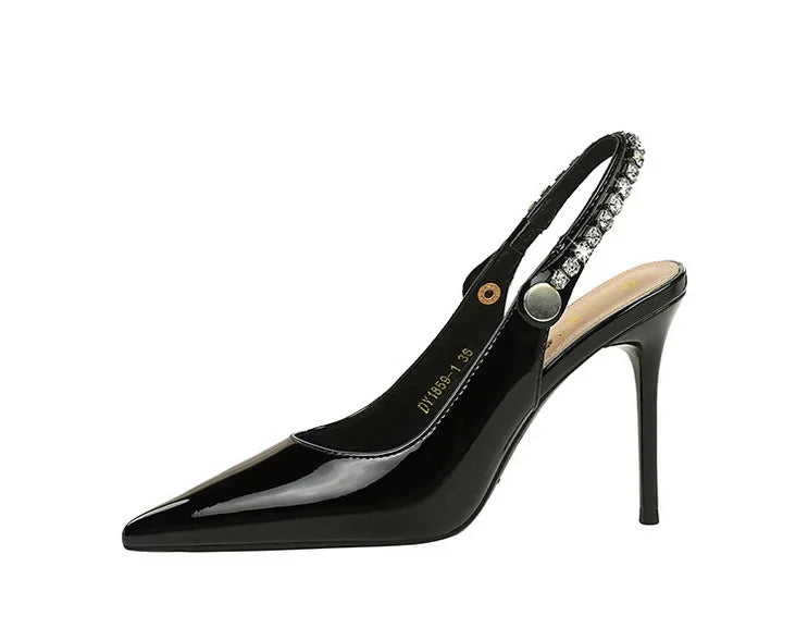 Fashion Women Pointed Toe Patent Leather High Heels Shallow Vamp Rhinestone Decorated Backless Strap Dress Shoes