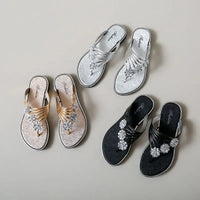 Women's Flat Sandals Summer Outdoor Beach Shoes Silver Clip Board Slippers with Three Flowers And Sequins PVC Material - Natalia Home Fashion
