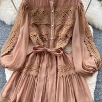 Elegant Hollow Out Organza Long Maxi Dresses Shirt Women  Layer Ruffle Full Sleeve Pearl Evening Party Dress