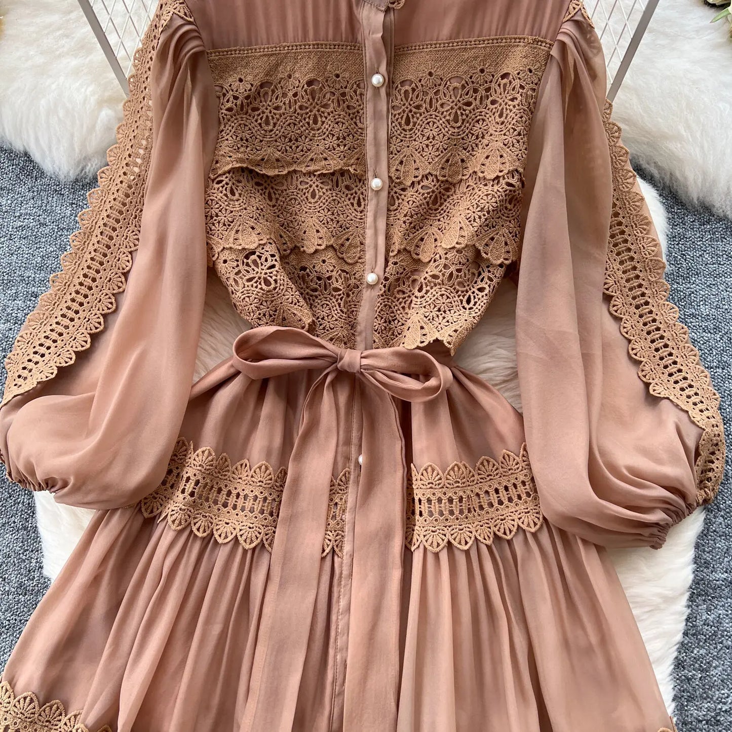 Elegant Hollow Out Organza Long Maxi Dresses Shirt Women  Layer Ruffle Full Sleeve Pearl Evening Party Dress